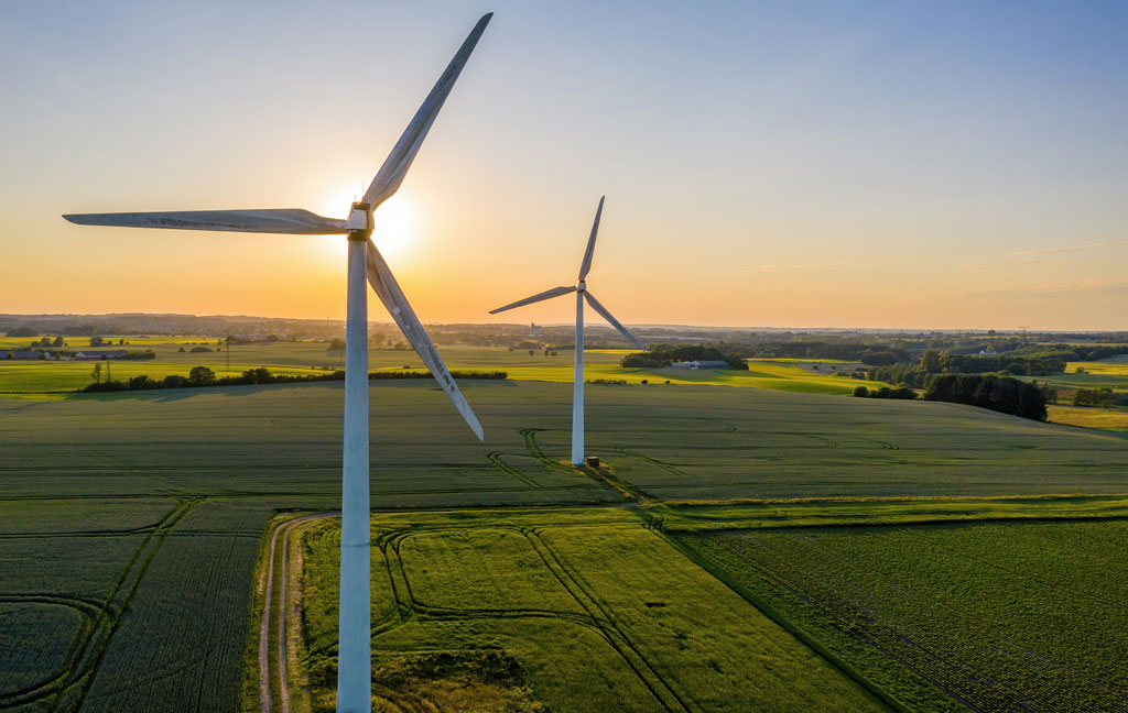 Windräder auf einem Feld bei Sonnenuntergang