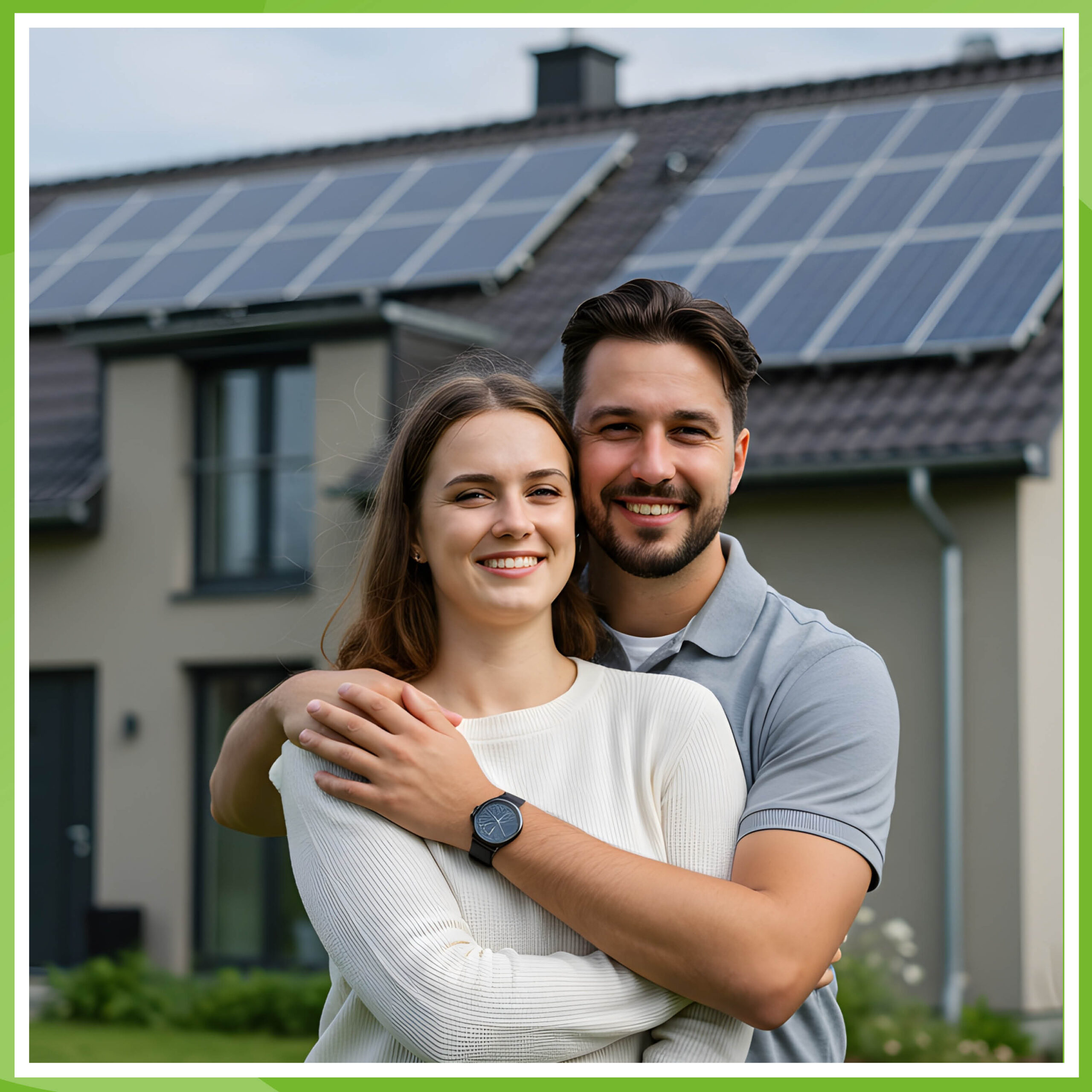 glückliches Paar umarmt sich vor Wohnhaus mit PV-Anlage
